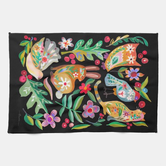 Folk Art Floral Animal Friends Black Theedoek (Horizontaal)
