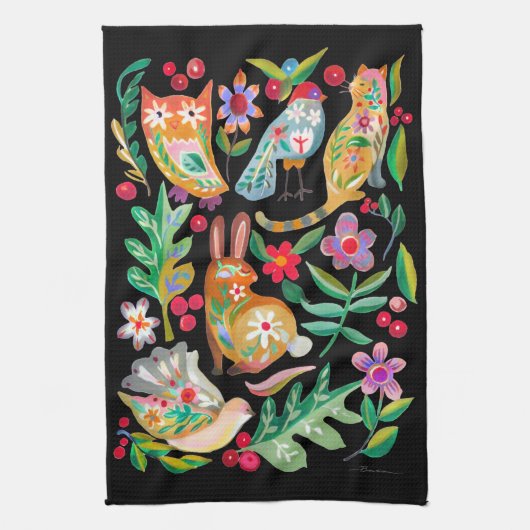 Folk Art Floral Animal Friends Black Theedoek (Verticaal)