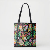 Folk Art Floral Animal Friends Black Tote Bag (Voorkant)