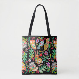 Folk Art Floral Animal Friends Black Tote Bag