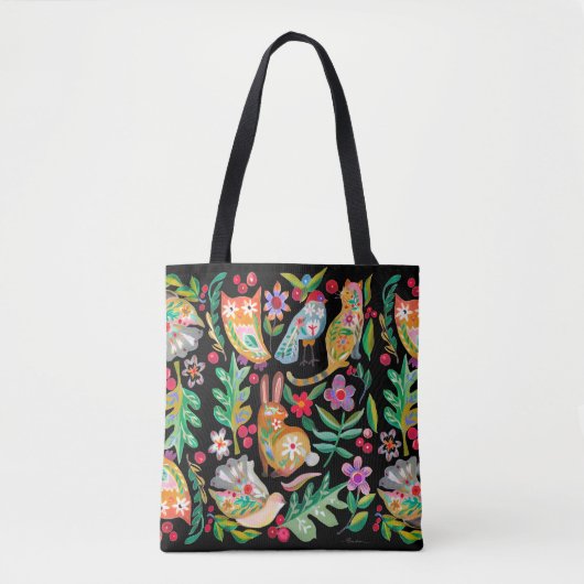 Folk Art Floral Animal Friends Black Tote Bag (Voorkant)