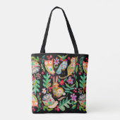 Folk Art Floral Animal Friends Black Tote Bag (Achterkant)