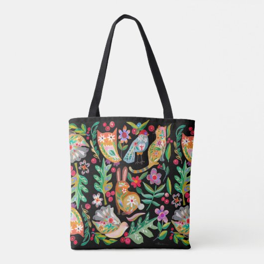 Folk Art Floral Animal Friends Black Tote Bag (Achterkant)