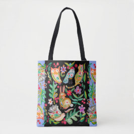 Folk Art Floral Animal Friends Black  Tote Bag