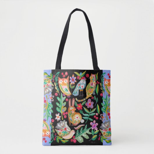 Folk Art Floral Animal Friends Black Tote Bag (Voorkant)