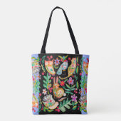 Folk Art Floral Animal Friends Black Tote Bag (Achterkant)