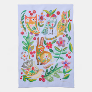 Folk Art Floral Animal Friends Bleek Blue Theedoek