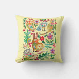 Folk Art Floral Animal Friends Bleek Yellow Kussen
