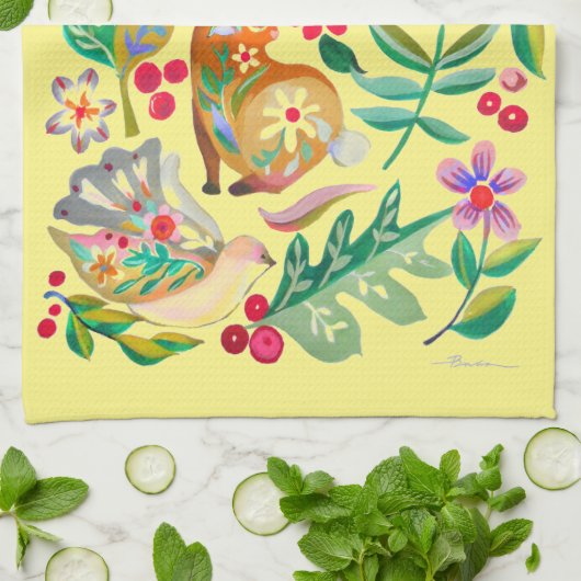 Folk Art Floral Animal Friends Bleek Yellow Theedoek (Gevouwen)