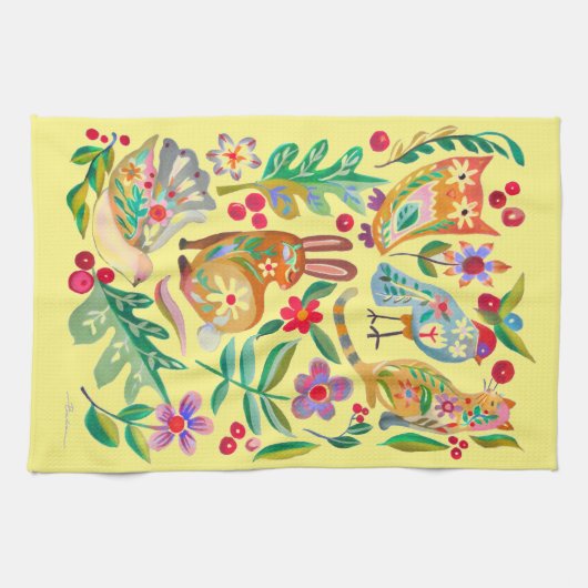 Folk Art Floral Animal Friends Bleek Yellow Theedoek (Horizontaal)