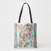 Folk Art Floral Animal Friends White  Tote Bag (Voorkant)
