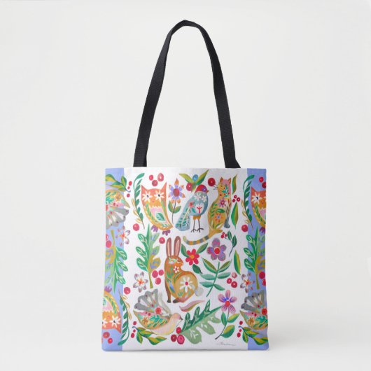 Folk Art Floral Animal Friends White  Tote Bag (Voorkant)