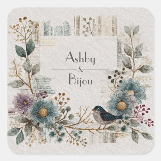 Folk Art Floral Bird Wedding Vierkante Sticker (Voorkant)
