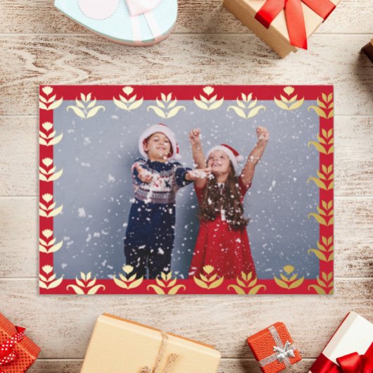 Folk Art Floral Border Cute Cozy Rustige Kerstmis Folie Feestdagenkaart