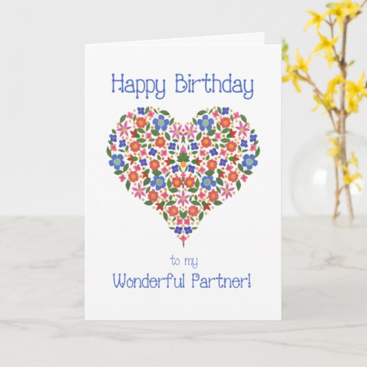 Folk Art Floral Heart Birthday Kaart voor partner (Gele Bloem)