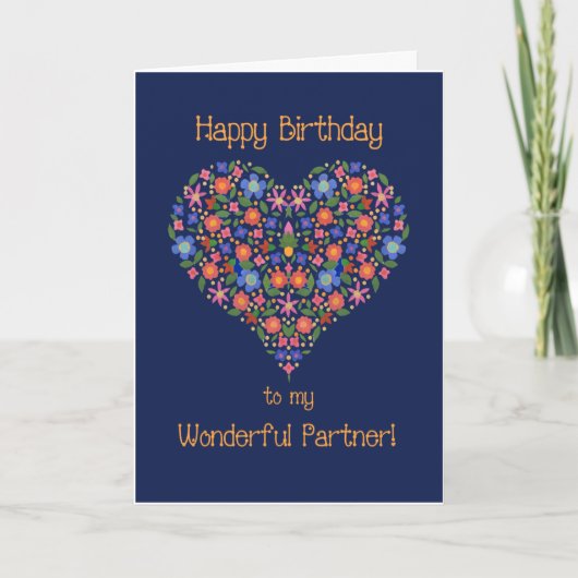 Folk Art Floral Heart Birthday Kaart voor partner (Voorkant)