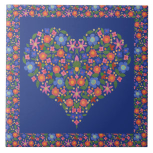 Folk Art Floral Heart op Royal Blue Ceramic Tile Tegeltje