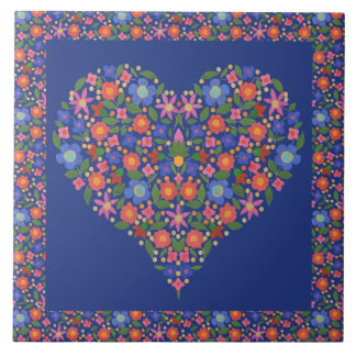 Folk Art Floral Heart op Royal Blue Ceramic Tile Tegeltje