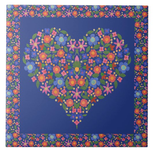 Folk Art Floral Heart op Royal Blue Ceramic Tile Tegeltje (Voorkant)