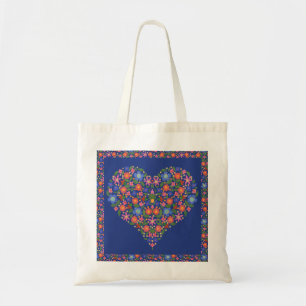  Folk Art Floral Heart, Royal Blue Canvas tas