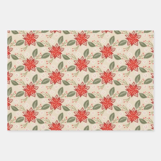 Folk Art Floral-Kerstmis, set van 3 Inpakpapier Vel (Voorkant)