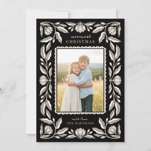 Folk Art Floral Lijst Christmas 4 Foto Feestdagenkaart (Voorkant)