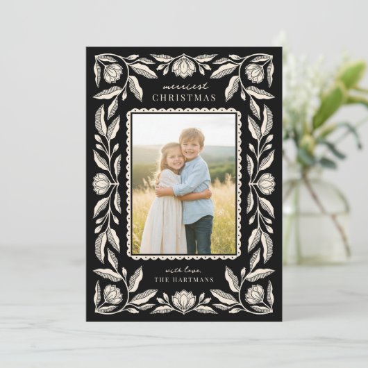 Folk Art Floral Lijst Christmas 4 Foto Feestdagenkaart (Staand voorkant)