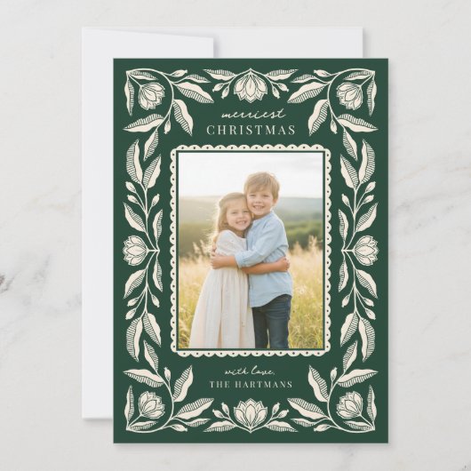 Folk Art Floral Lijst Christmas 4 Foto Feestdagenkaart (Voorkant)