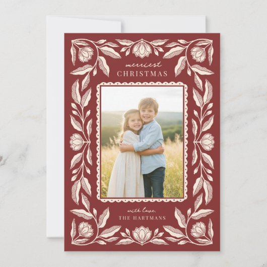 Folk Art Floral Lijst Kerstfoto Feestdagenkaart (Voorkant)