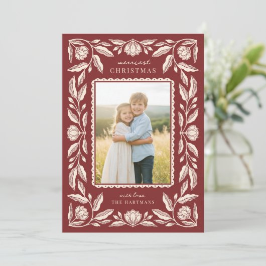 Folk Art Floral Lijst Kerstfoto Feestdagenkaart (Staand voorkant)