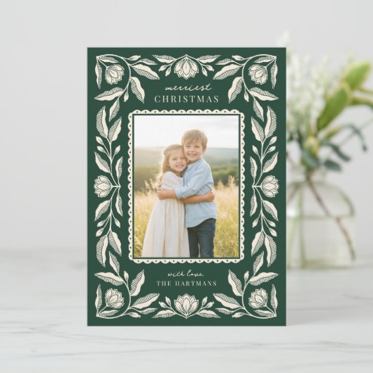Folk Art Floral Lijst Kerstfoto Feestdagenkaart (Staand voorkant)