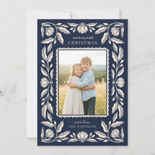 Folk Art Floral Lijst Kerstfoto Feestdagenkaart (Voorkant)
