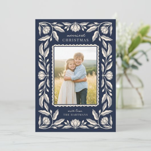Folk Art Floral Lijst Kerstfoto Feestdagenkaart (Staand voorkant)