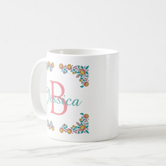  Folk Art Floral Lijst Monogram Naam Koffiemok (Voorkant links)