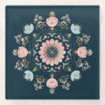 Folk-Art Floral Mandala Glazen Onderzetter<br><div class="desc">Vibrant glass coaster featuring an intricate floral mandala design, blending bohemian folk art with a modern color palette. Centered on a deep teal background, the symmetrical pattern showcases a layered centerpiece surrounded by delicate pink, soft blue, and gold-toned blossoms. This elegant piece is both a functional home accessory and a...</div>