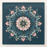 Folk-Art Floral Mandala Glazen Onderzetter<br><div class="desc">Vibrant glass coaster featuring an intricate floral mandala design, blending bohemian folk art with a modern color palette. Centered on a deep teal background, the symmetrical pattern showcases a layered centerpiece surrounded by delicate pink, soft blue, and gold-toned blossoms. This elegant piece is both a functional home accessory and a...</div>