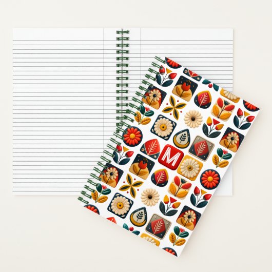 Folk Art Floral Patroon in Retro Warme Kleuren Notitieboek (Binnen)