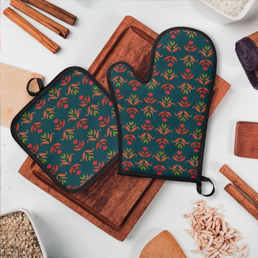 Folk Art Floral print Cozy Rustic herfst Ovenwant & Pannenlap Set