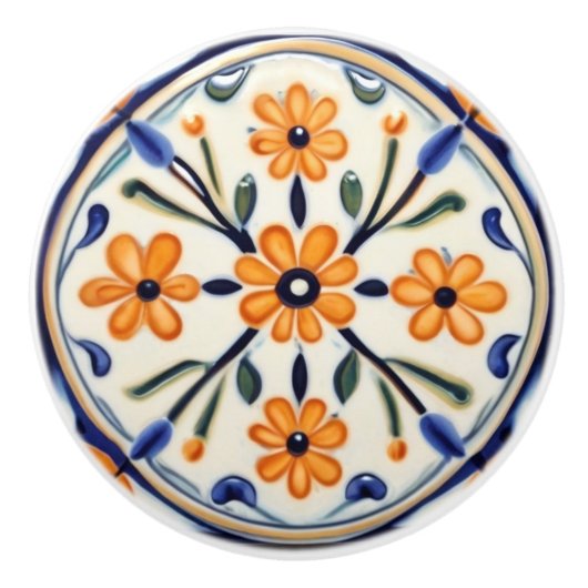 Folk Art Floral Sinaasappel Flowers Blue Circle Keramische Knop (Voorkant)