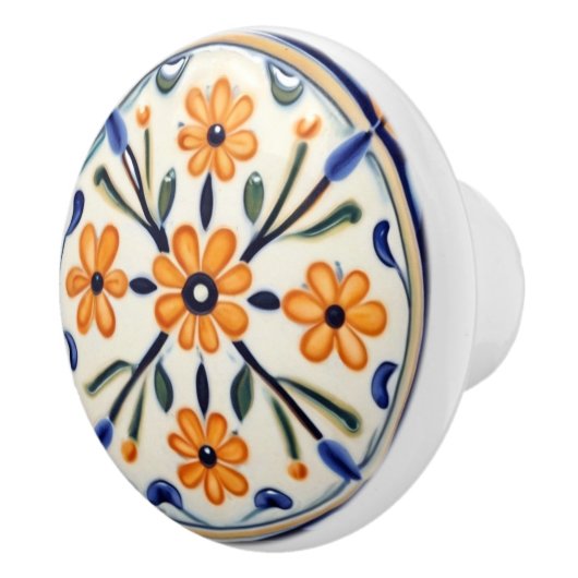 Folk Art Floral Sinaasappel Flowers Blue Circle Keramische Knop (Rechts)