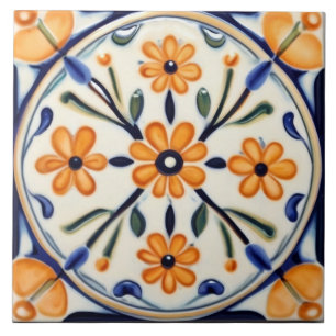 Folk Art Floral Sinaasappel Flowers Blue Circle Tegeltje
