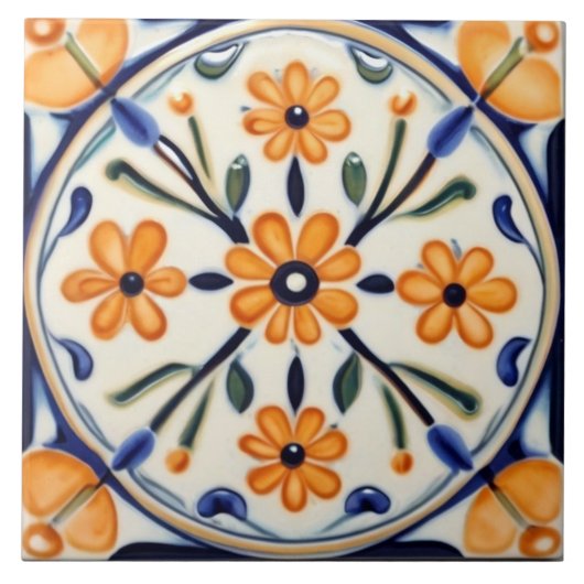 Folk Art Floral Sinaasappel Flowers Blue Circle Tegeltje (Voorkant)