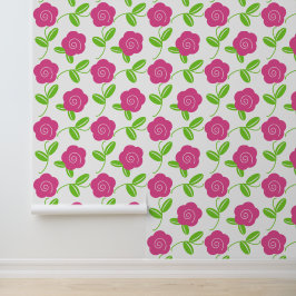 Folk Art Floral Toss in Hot Pink on White Behang