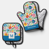 Folk Art Flower Pattern 2 Ovenwant & Pannenlap Set (Voorkant / Achterkant)