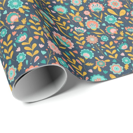 Folk Art Flower Pattern Cadeaupapier (Rol Hoek)