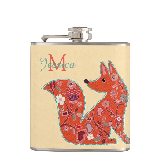 Folk Art Flower Pattern Fox Heupfles (Voorkant)