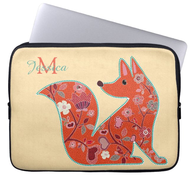 Folk Art Flower Pattern Fox Laptop Sleeve (Voorkant)