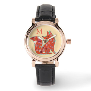 Folk Art Flower Pattern Fox Monogram Horloge