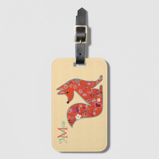 Folk Art Flower Pattern Fox Personalized Bagagelabel (Voorkant (verticaal))