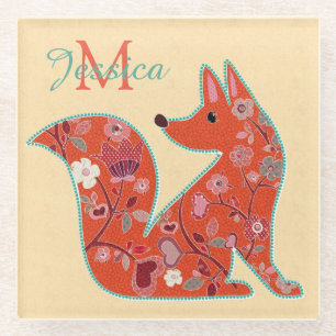 Folk Art Flower Pattern Fox Personalized Glazen Onderzetter